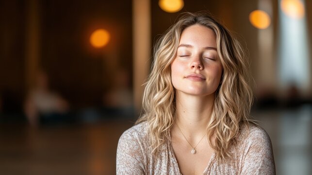 A serene woman with wavy hair sits with her eyes closed, capturing a moment of tranquility against a softly lit background that exudes calm and peace.