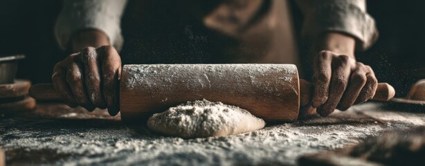 The skilled baker rolling dough with a wooden pin in a rustic kitchen.