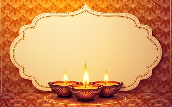 Happy Diwali. Paper graphic of Indian Diya oil lamp design with round border frame on Indian festive theme big banner background. The Festival of Lights. High quality