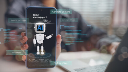 Mobile phone with AI assistant robot interface showing text-to-image, generate content, smart...