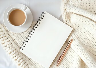  cozy cream knit blanket is spread on a bed, with a notebook and a rose gold pen placed on top, creating a calm and elegant workspace or relaxation setting.
