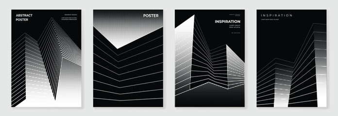Obraz na płótnie Canvas Abstract monochrome poster background vector set. Modern cover template with black and white perspective geometric prism shape, halftone dot, line. Ideal design for social media, banner, ads.