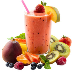 A tall glass of fruit smoothie with a pink straw and fresh fruit garnishes around it on a black background on transparent background