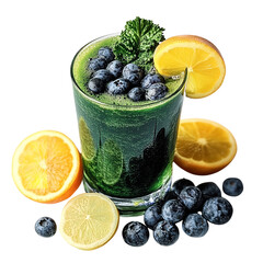 Green smoothie in a glass with blueberries orange and lemon slices on a black background close up shot on transparent background