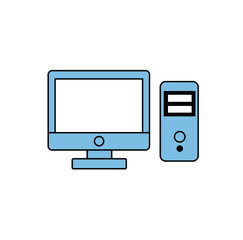 A simple vector illustration of a light blue desktop computer, featuring a monitor with a blank screen and a matching CPU tower.