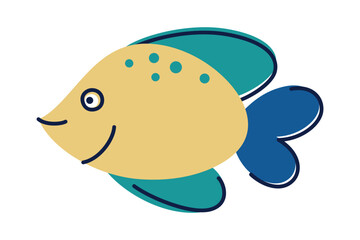 Flat cartoon vector illustration of colorful tropical fish with yellow body, blue and green fins. Exotic marine animal in bright kids style for underwater themes, childrens products, ocean education
