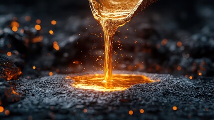 An artistic view of molten gold being poured, emphasizing the beauty of metallurgy and the transformative nature of metal work in crafting valuable objects.