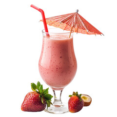 Strawberry smoothie in a glass with a red straw and umbrella next to strawberries on a black background on transparent background