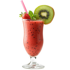 A glass of red smoothie with a strawberry, kiwi slice, mint, and a pink straw on a black background on transparent background