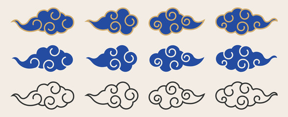 Korea Chinese Japan cloud traditional icon vector design set isolated with line art style in blue and gold colors