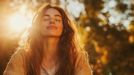 A serene woman with long hair enjoys the warm sunlight in a natural setting, capturing a moment of tranquility and connection with nature, surrounded by glowing light.
