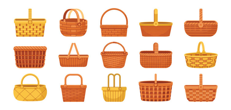 Various Colorful Wicker Baskets with Handles