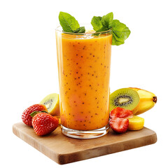 Tall glass of orange smoothie with mint garnish and assorted fruits on a wooden cutting board surface on transparent background