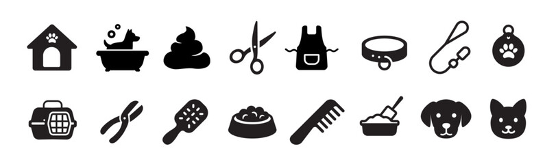 Pet Grooming, Animal Care and Veterinary Icon Set 