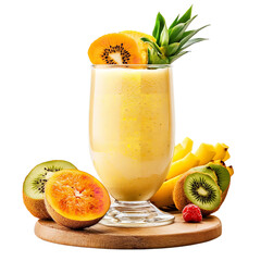 A glass of yellow smoothie with kiwi and pineapple on a wooden board against a black background studio shot on transparent background