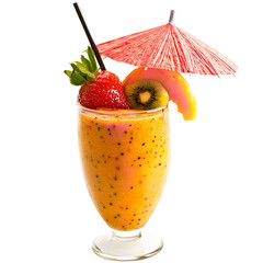 Tropical smoothie in a glass with a strawberry kiwi and mango garnish and a red paper umbrella on transparent background