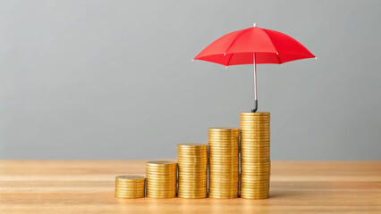 Inflation ,interest rates and global economy. Stacked coin red umbrella protection financial security savings investment growth risk