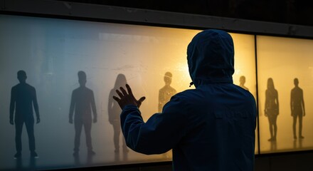 Hooded Figure Reaching for Silhouetted Forms Behind Illuminated Panels
