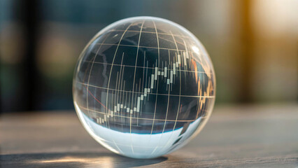 Inflation ,interest rates and global economy. Glass globe financial chart global economy inflation interest rate growth finance