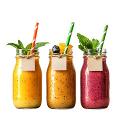 Three smoothie jars with straws and mint leaves against a black background in a studio setting on transparent background