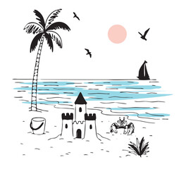 tropical landscape vector sketch. sand castle on the ocean shore vector sketch