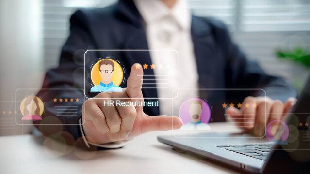 HR recruitment system interface with business person selecting candidate profile by touching digital screen, online hiring, employee rating, and talent acquisition concept. - Powered by Adobe
