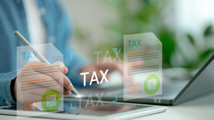 Digital tax form interface with stylus on tablet, concept of online tax filing, percentage icon,...