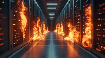 A dramatic view of a data center engulfed in flames, representing the catastrophic impact of technology failure amidst chaos and urgency in modern digital landscapes.