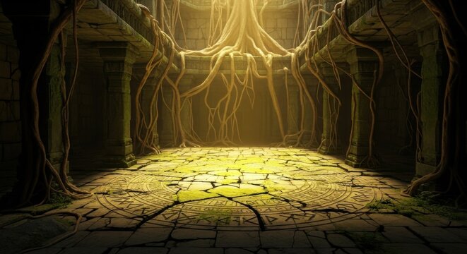 Discover the ancient mystical ruins overgrown with massive tree roots bathed in ethereal golden light illuminating the cracked stone floor - Powered by Adobe