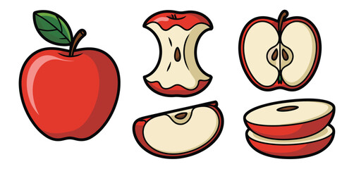 Colorful Cartoon Apple Slices and Whole Apple