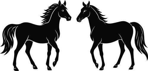 Fototapeta premium Majestic Equine Art ,Two Stylized Black Horses. Silhouette Horses Vector Illustration, Elegant Stallion Vector Horse Outline Design Set, Black Horse Silhouettes Galloping and Standing Pair.