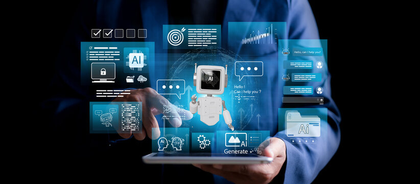 Digital interface with AI chatbot, data analytics, security icons, and productivity tools on touchscreen tablet. Concept of smart assistant, automation, and workflow management.