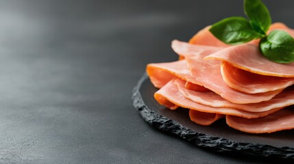 This image showcases beautifully arranged slices of ham placed on a textured black slate plate, perfect for culinary presentations or food-related projects.