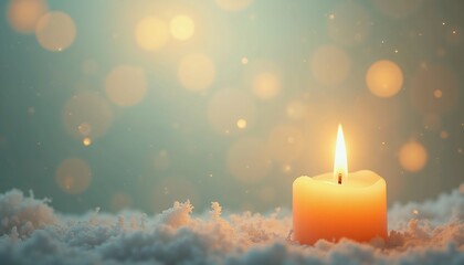 Warm Candlelight on Snow, Festive Bokeh Background, Serene Winter Christmas Holiday Scene