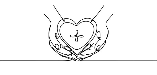 One Line Drawing of Hands Holding a Heart with Cross