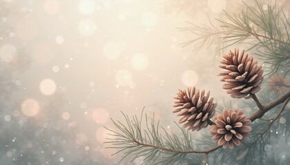 Festive Winter Scene, Christmas Holiday vibe with Pine Cones on a Branch and Soft Bokeh Lights