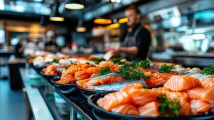 An exquisite arrangement of fresh salmon fillets and whole fish, elegantly presented at a seafood restaurant, showcasing culinary artistry and vibrant colors.