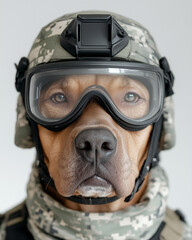 Humorous portrait of a dog wearing protective military gear, helmet, and goggles. A playful, unexpected and comical take on armed forces.