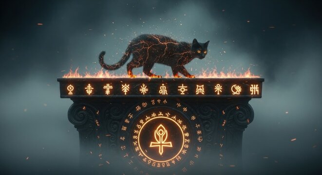 Mysterious black cat standing on a pedestal adorned with mystical symbols and glowing embers creating an eerie atmosphere - Powered by Adobe