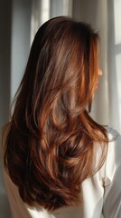 Beautiful model girl with Brown hair strand,silky healthy chestnut wavy hair strand,hair wavy ribbon, with smooth,Keratin straightening,Treatment,straight long hair,procedures,Smooth hairstyle.