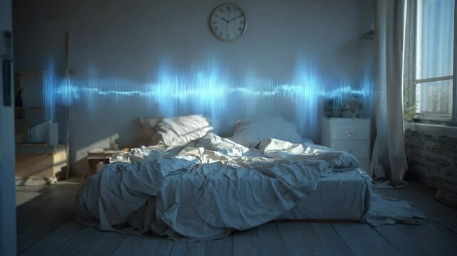 A peaceful morning unfolds in a cozy bedroom, where soft light bathes rumpled sheets and sound waves dance effortlessly in the air. Serenity and comfort blend seamlessly.