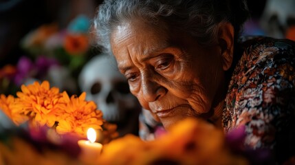 Obraz premium An elderly woman gazes contemplatively at a flickering candle on a vibrant ofrenda altar, showcasing themes of remembrance, love, and cultural heritage during a special ceremony.
