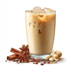 Refreshing iced coffee drink with spices and ice cubes in a transparent glass on a white background, perfect for summer beverage inspiration