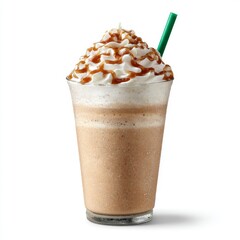Creamy caramel frappuccino topped with whipped cream and caramel drizzle in a clear cup with a green straw on a white background