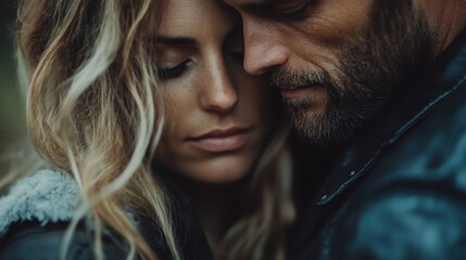 A touching close-up of a couple sharing a tender moment, embodying deep connection and intimacy amidst a soft, natural background that evokes romance and warmth.