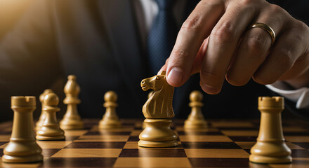 Macro photo of a chessboard with a hand moving a knight, symbolizing business strategy and decision-making. Great for corporate and planning concepts.

