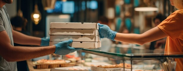 The moment hands exchange pizza boxes in a bustling restaurant setting.