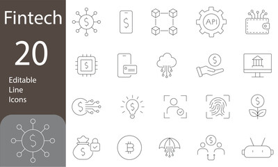 Fintech Editable Line Icons Set. mining, technology, e-wallets, cryptocurrency, and more. Vector illustration