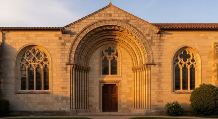 Obraz premium Golden Hour Illuminates The Grand Romanesque Entrance Archway And Facade Of An Ancient Stone Abbey
