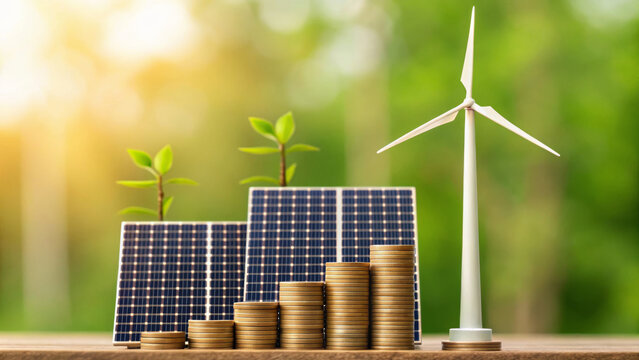Renewable energy investment. Solar panel, wind turbine, coin stack, green plant. Finance sustainable, Eco-friendly clean climate change